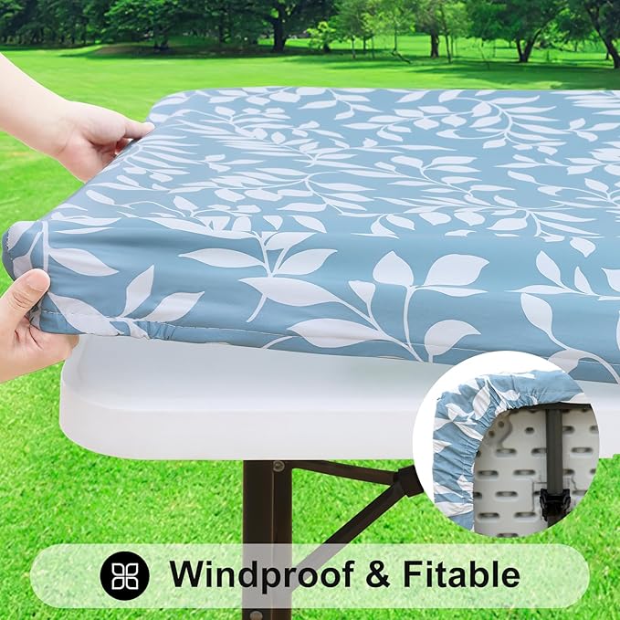 Smiry Rectangle Table Cloth Cover, Waterproof Elastic Fitted Picnic Tablecloth for 4 Foot Tables, Wipeable Flannel Backed Vinyl Tablecloths for Camping, Dining, Outdoor (Baby Blue, 24" x 48")