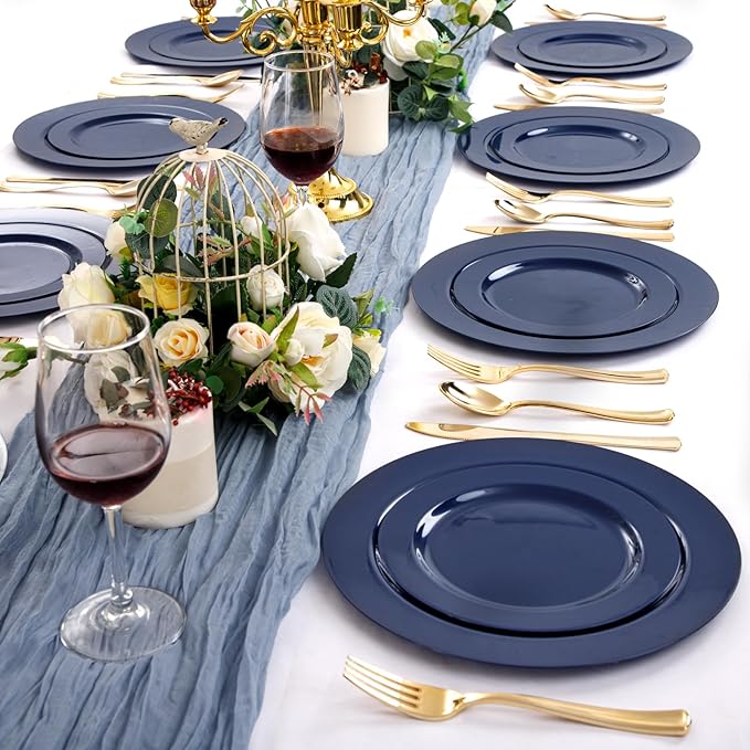 FLOWERCAT 100PCS Blue Plastic Plates - Heavy Duty Blue Disposable Plates for Possover Party/Wedding/Hanukkah - Include 50PCS 10.25inch Dinner and 50PCS 7.5inch Dessert/Salad Plates for 50 Guests