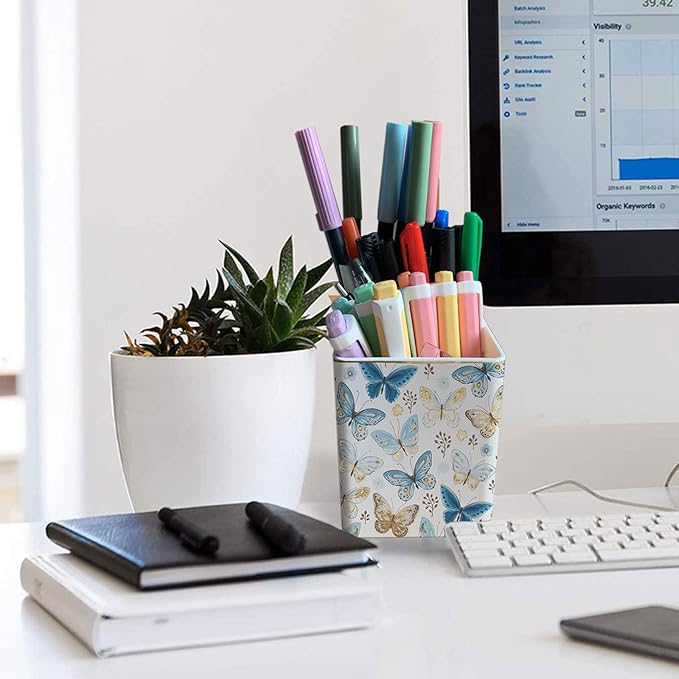 Pen Pencil Holder, Makeup Brush Holder,Ceramic Remote Control Holders Organizer with 2 Compartment Floral Multi-functional Office Organizers Storage Caddy Desk Tv Remote Holders Shiny Butterfly