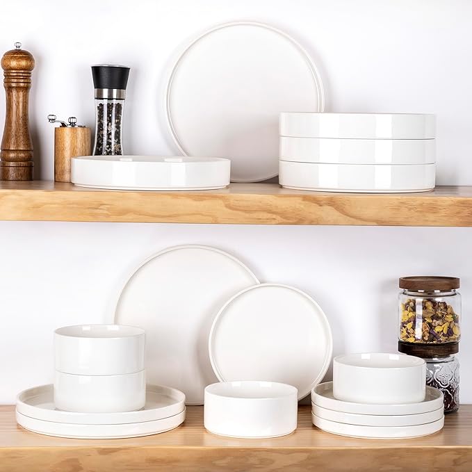 LERATIO Pasta Bowls Set of 4,30 Oz Ceramic Large Salad Bowls,Stackable,Wide Modern Porcelain Bowls for Pasta,Salad,Fruit,Bread,Microwave & Oven & Dishwasher Safe Shallow- White