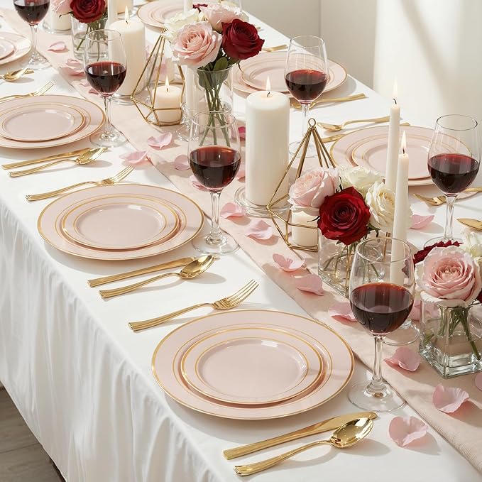 NOCCUR 200PCS Pink Plastic Plates for 100 Guests - Include 100PCS 10" Dinner/ 100PCS 7" Dessert Plastic Plates Heavy Duty - Ideal for Wedding/Party/Valentines & Galentines Day