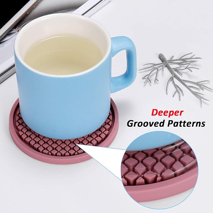 ME.FAN Silicone Coasters [6 Pack] Thickened Drink Coasters with Holder - Cup Mat - Non-Slip, Non-stick, Stay Put, Deep Tray - Prevents Furniture and Tabletop Damages(Gray)