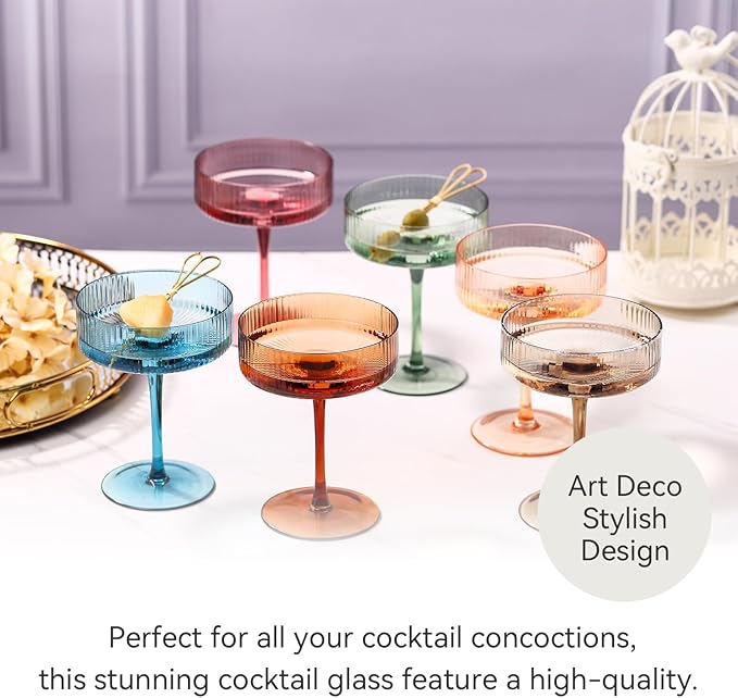 Colored Vintage Art Deco Coupe Glasses Set of 6 |Ribbed 9 oz Valentine's Day martini Glasses |Colorful Cocktail Glasses Set,Colored Coupe Glass,Champagne Coupe Glasses for Cocktail,Martini,Champagne