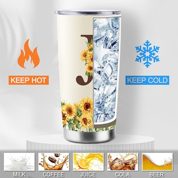 Sunflower Gifts for Women - Personalized Christmas Gifts for Women - Birthday Gift for Woman - Mothers Day Gift for Mom - Monogrammed, Initial 20oz Travel Cup Insulated Tumbler with Lid, J