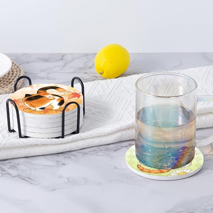 Coasters Absorbent Ceramic Coaster Drink Coasters with Cork Back Lazy Cats Set of 6 Round Coaster Non Slip for Coffee Table Wine Glass Home Bar 4 Inch, Cute