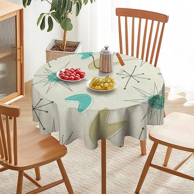 Mid Century Round Tablecloth, Modern Atomic Abstract Geometric Pattern Tablecloth for Home Party Dining Room Kitchen Decorm 70Inch(178cm)