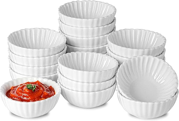 UIBFCWN 20 Pack 1.3Oz Soy Sauce Dish Ceramic, White Dipping Sauce Bowls/Dishes, Small Dipping Cups for Sushi Ketchup Olive Oil Side Dishes, Mini Dip Bowls for Charcuterie Boards - 2.7inch
