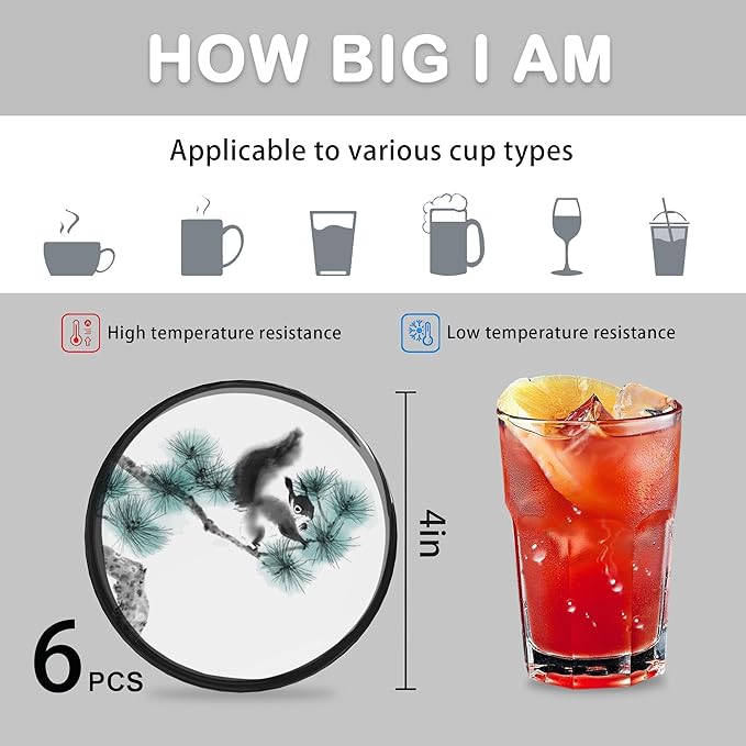 6 Pcs Drink Coasters with Holder,High Mountains Zen Circle Absorbent Round Ceramic Coaster for Tabletop Protection, for Coffee Cup Beverage Coasters Wine Beer Bar