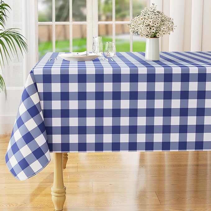 misaya Rectangle Waterproof Vinyl Table Cloth, Buffalo Flannel Backed Tablecloth, Wipeable Plastic Table Cover for Dinner, Kitchen, Outdoor (60" x 120", White and Navy)