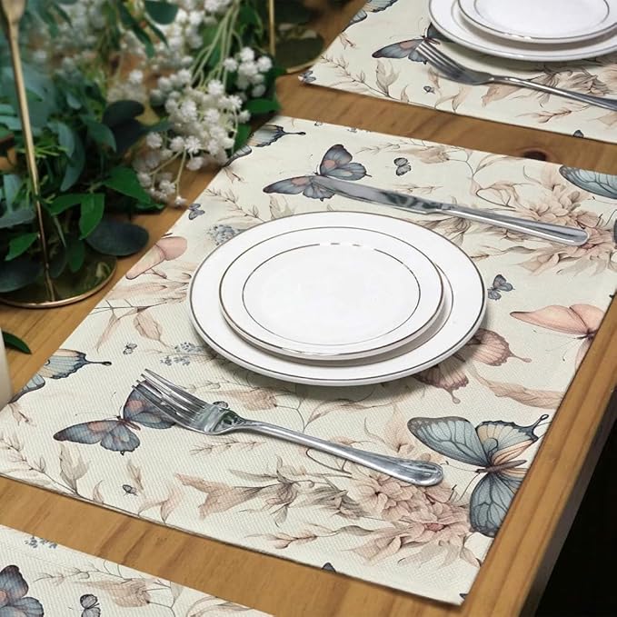 12"x18" Fairy Butterfly Pink Pale White Yellow Placemats Set of 4 Washable Thick Place Mats Kitchen Table Mats Decorative Linen Fabric Table Mat for Dining Table Kitchen Home Decor
