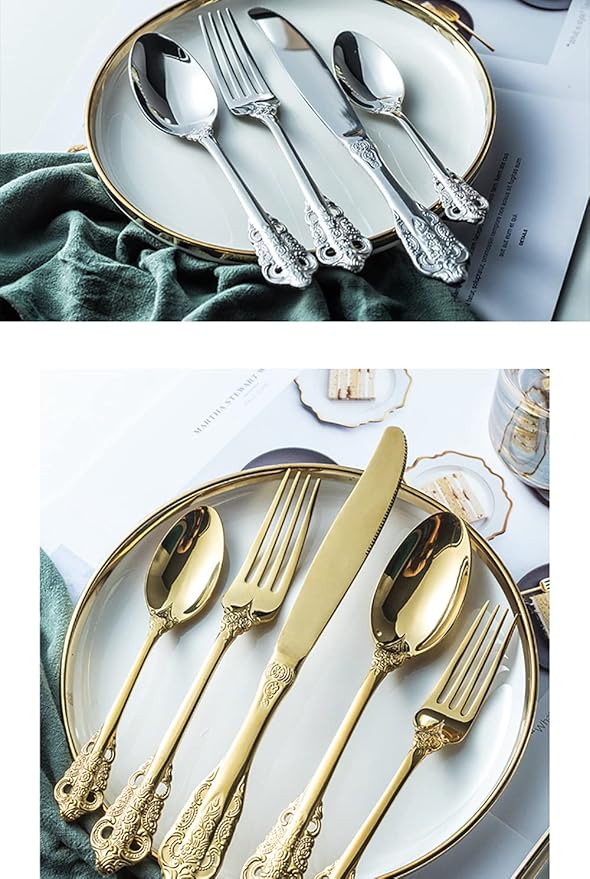 Silverware Set for 14 Premium 18/10 Stainless Steel Flatware Set Palace Style 70 Piece Cutlery Tableware Utensils Embossed Decorative Handle Knives Forks and Spoons for Home Christmas Wedding