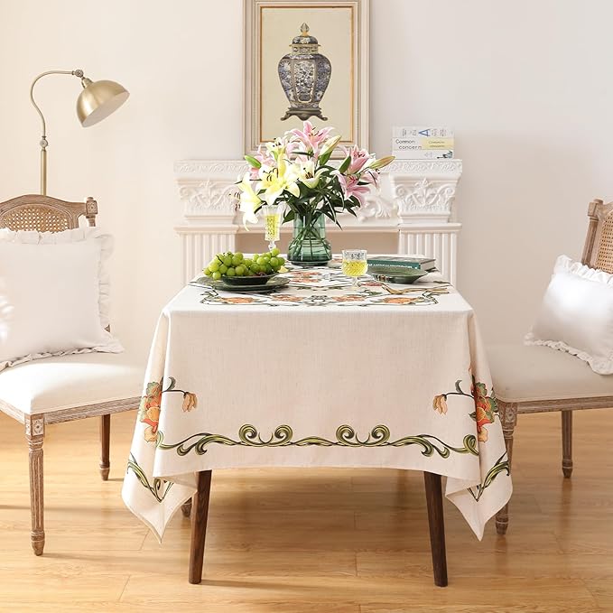 patdrea Designer Vintage Linen Floral Rectangle Tablecloth,French Tablecloths,Wrinkle Free Table Cloth,Decorative Table Cover Cloth for Kitchen,Dining,Tea Party,Home,Christmas,55"*71"