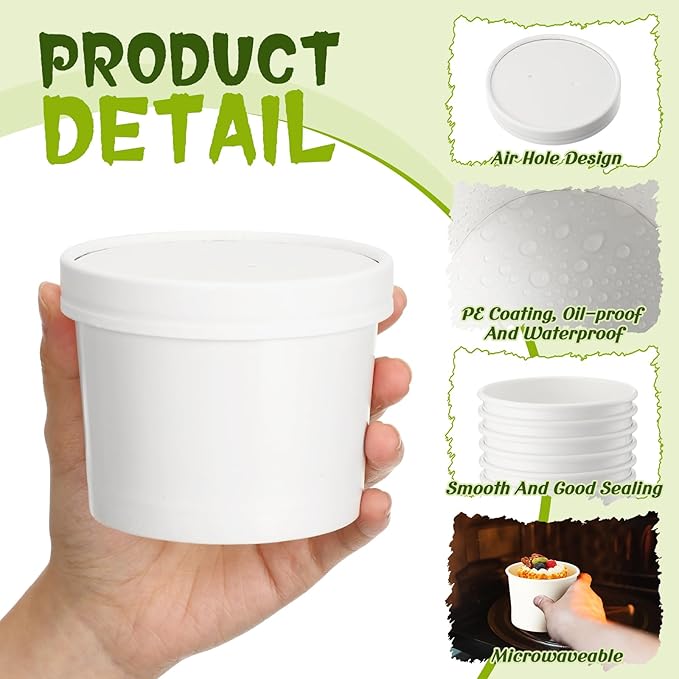 Fulmoon 100 Pack Paper Soup Containers with Lids Disposable Paper Food Containers with Vented Lid Kraft Ice Cream Cake Dessert Cups Soup Bowl for Party Hot Food Fruit Microwave(12 oz,White)