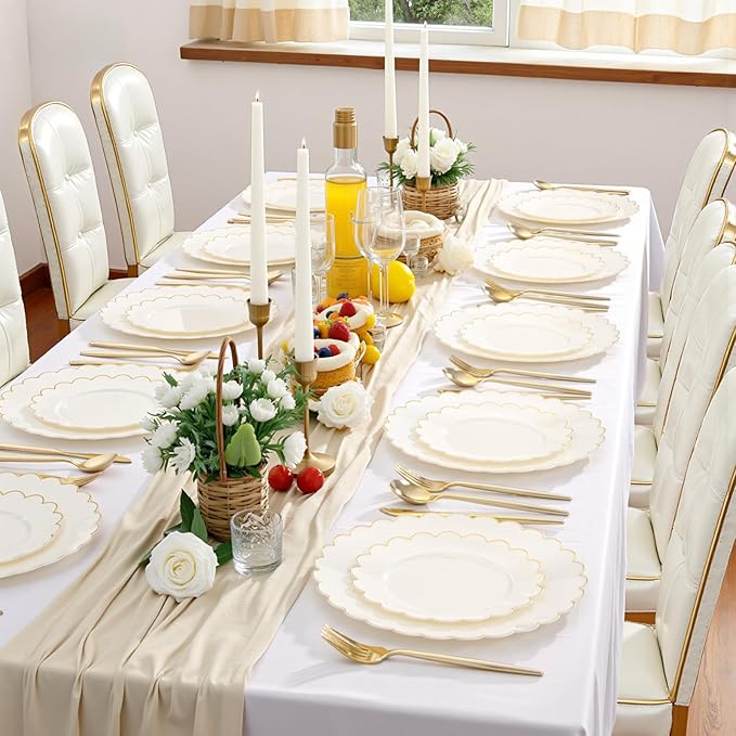 LIYH 120 Pcs Ivory Scalloped Plastic Plates Disposable - Ivory and Gold Plastic Plates - Gold Fancy Disposable Party Dinner & Dessert Plate for Wedding Birthday Valentines Day