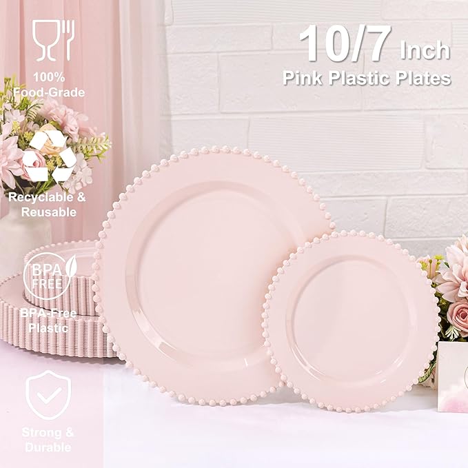 U-QE 60PCS Pink Plastic Plates - Heavy Duty Beaded Pink Valentines Plates for Valentine's Day, Party, Wedding - Serving 30 Guests Include 30PCS 10inch Dinner Plate & 30PCS 7inch Dessert Plate