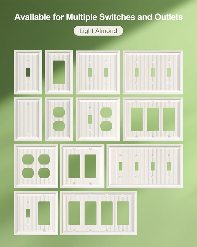 2-Pack Classic Beadboard Quad Decorator Wall Switch Cover, Light Almond Decorative Switch Plate and Outlet Cover, Natural Bamboo Fiber 4 Gang Wall Plate for Electrical Outlet, Receptacle, GFCI Outlet