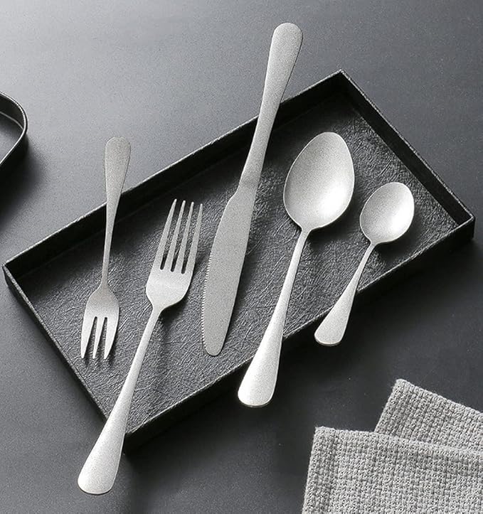 Matte Silverware Set for 14 Stainless Steel Flatware Set Vintage Style Delicate Cutlery Utensils 70 Piece Include Knives Forks and Spoons Tableware Set for Home Kitchen Wedding Restaurant