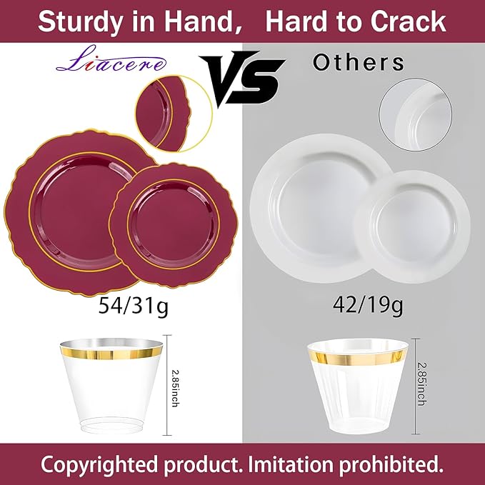 Liacere 350PCS Red Plastic Plates-Disposable Burgundy Red and Gold Plates 50guest Baroque Plastic Dinnerware include 100Plates, 50Pack Pre Rolled Napkins with Silverware 50Cups for Christmas