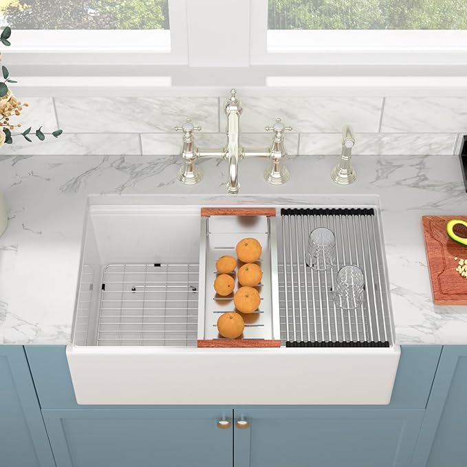 Sarlai 33 White Farmhouse Kitchen Sink - 33x20 Inch White Farm Sink Workstation Undermount Kitchen Sinks Apron Front Ceramic Porcelain Fireclay Single Bowl Farmer Sinks Basin