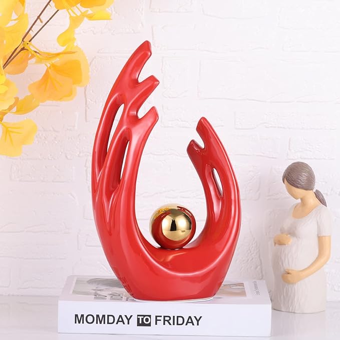 LCCCK 12" H Red Gold Aesthetic Room Decor Accent, TV Stand Funky Table Centerpiece, Abstract Art Ceramic Statue and Sculpture, Red Decor for Living Room, Bookshelf Decorative Objects, Shelf Decor