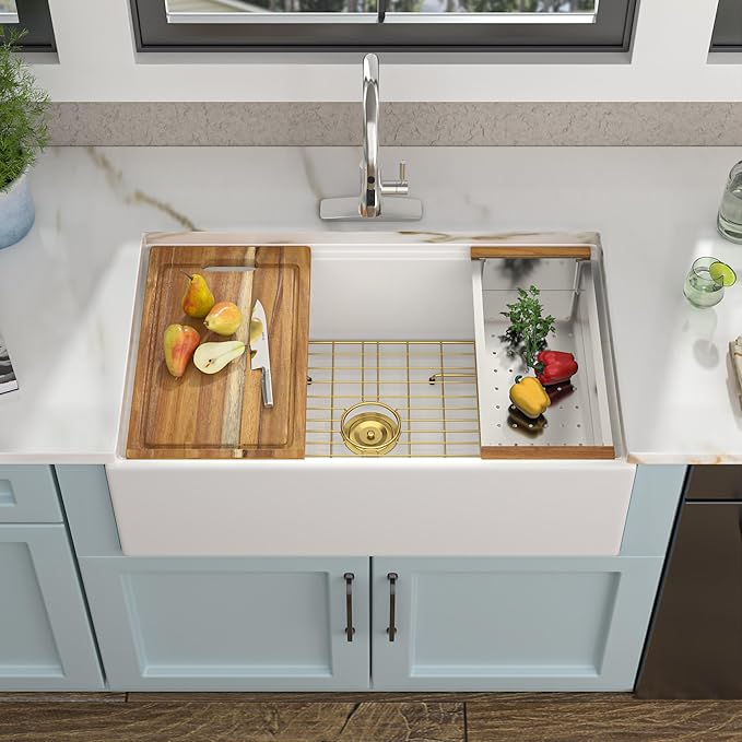 30 White Farm Sink Workstation - Fulorni 30 Inch Farmhouse Kitchen Sink Workstation with Slide Ledge Apron Front Reversible White Fireclay Ceramic Porcelain Single Bowl Farmer Style Basin