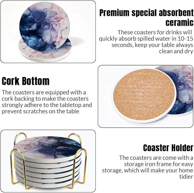 Ceramic Coasters Set of 6, Marble-Textured Design with Holder - Absorbent Cork-Backed Coasters for Cups, Bar & Coffee Table Decor Accessories (Blue-Pink Gradient, 6 Pack)