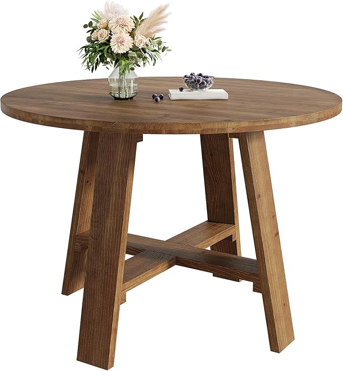 39.4" Round Dining Table for 2–4 People, Solid Wood Farmhouse Kitchen Table with Natural Wood Grain for Dining Room, Rustic Brown
