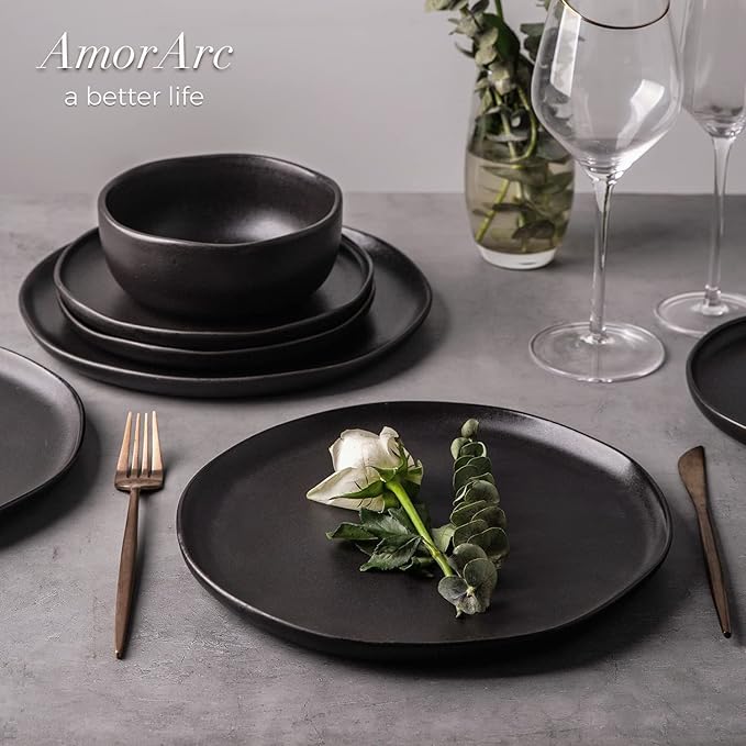 AmorArc Stoneware Cereal Bowls for Kitchen, 28oz Large Ceramic Soup Bowls Set of 6 for Meal, Chip-Resistant Kitchen Bowls with Wavy Rim, Reactive Glaze-Matte Black
