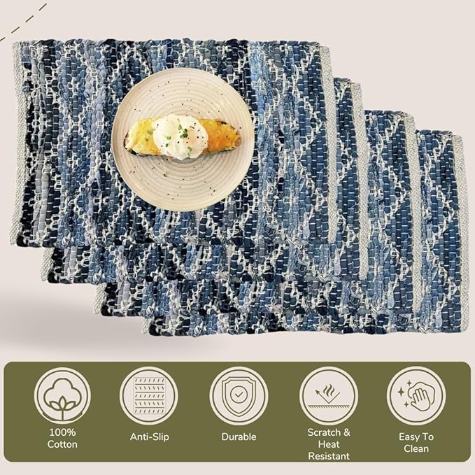 Perilla Home Natural Chindi Jute Placemats Set of 4 Vintage Boho 13x19 Inch Blue-Grey Rectangle Table Mats for Kitchen Dining Room Home Decor Banquets Family Gathering Rustic Placemat (Alexandria)