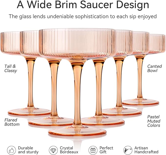 Light peach 9 oz Vintage Art Deco Coupe Glasses Set of 6 Ribbed martini Glasses |Vintage Cocktail Glasses Set,Unique Colored Coupe Glass, Classic Cocktail Glassware