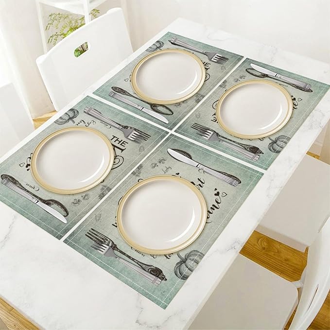 Retro Farmhouse Placemat Set, Minimal Green Gradient Rustic Plank Art Sketch Cutlery Knife Fork Inspirational Quotes Pattern Home Decor Linen Table Mats for Dining Room Kitchen Party (17x12in) x4P