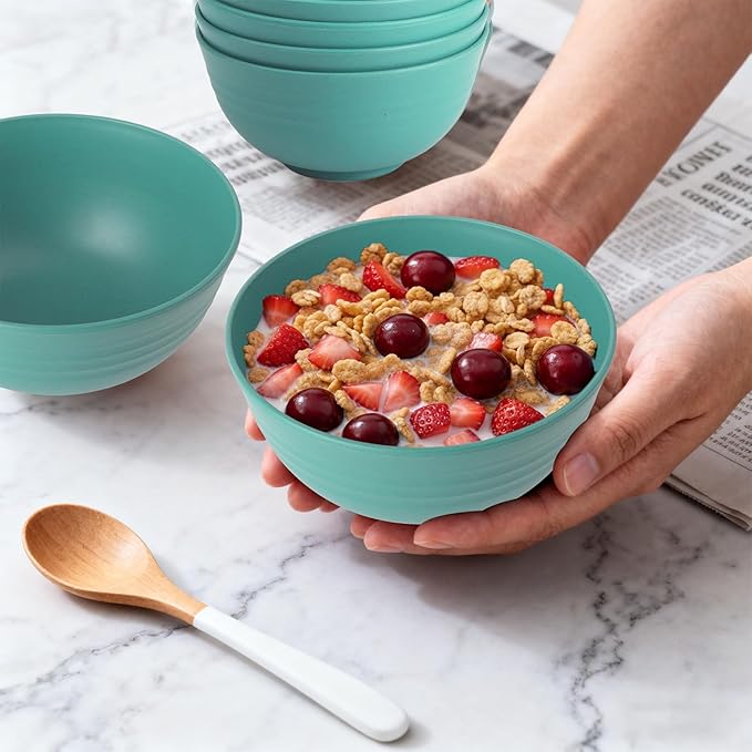 Wheat Straw Bowls Set of 6, 26 OZ Unbreakable Cereal Bowls for Family Meals, Reusable Dishes for Soup, Salad, Snacks, Microwave and Dishwasher Safe, for Kitchen, Camping, RV, Green
