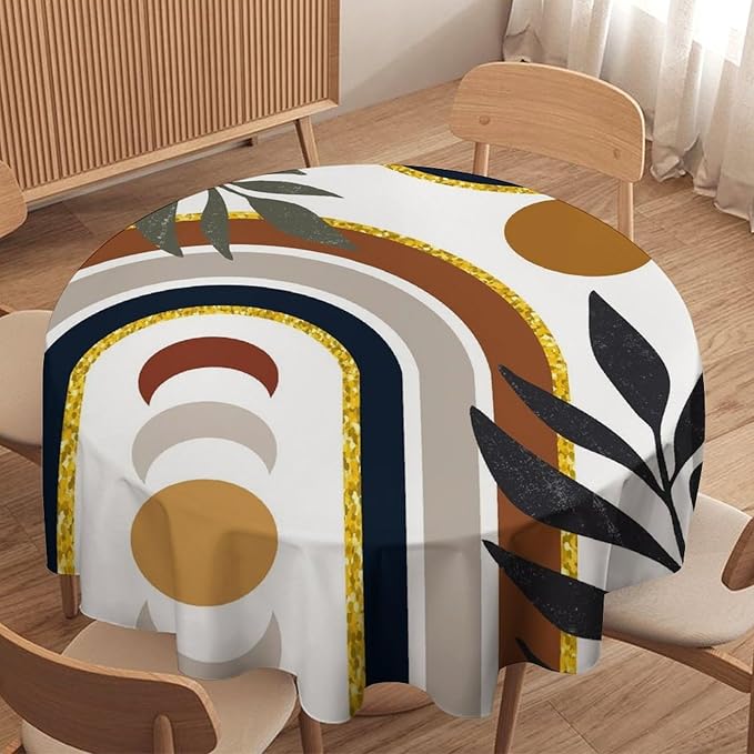 Mid Century Boho Round Tablecloth, Modern Abstract Sun Moon Bohemian Leaves Tablecloth for Home Party Dining Room Kitchen Decor 36Inch(90cm)