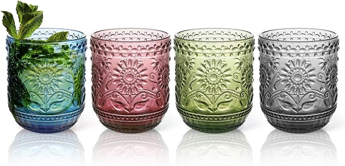 Topsky Vintage Drinking Glass Set of 4,12 oz Embossed Floral Drinkware Set,Colorful Drinking Glasses Cups Wine Glasses Colored Glassware for Whisky,Beer,Juice,Cocktail,Heavy Duty