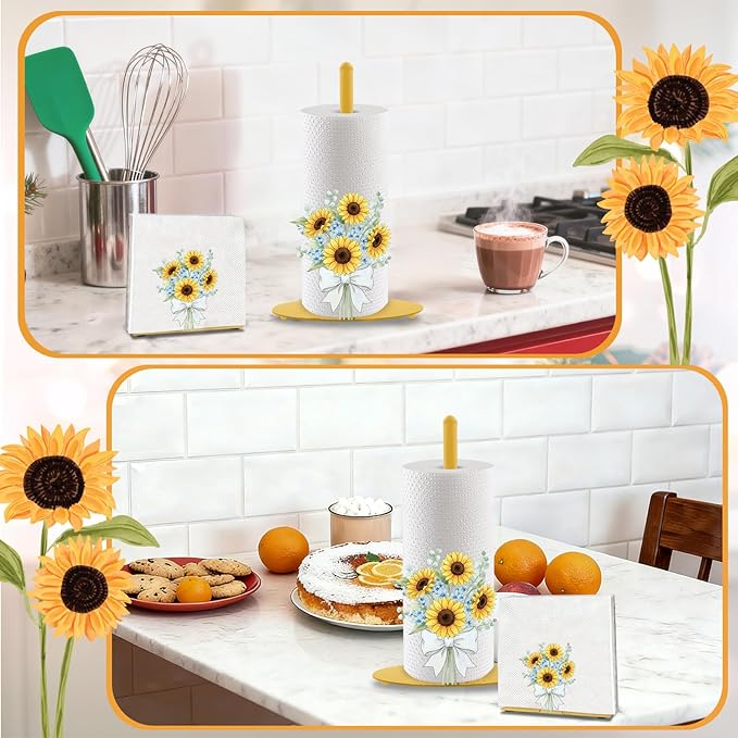 Sunflower Paper Towel Holder, Yellow Countertop Kitchen Decor Indoor with Round Base, Sunflower Lover Gift, Iron Sunflowers Napkin Holder Stand Accessories for Rustic Farmhouse Bathroom Kitchen, 2 PCS