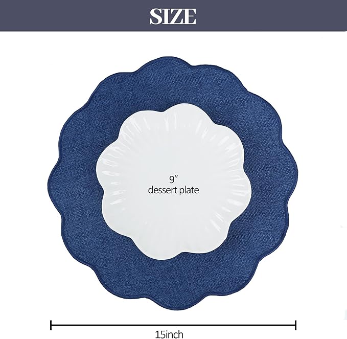 AHHFSMEI Round Faux Linen Placemats Set of 6 Waterproof Table Mats Heat Resistant Non-Slip and Stain Proof for Kitchen Dining Elegant Decor (Navy Blue,6)