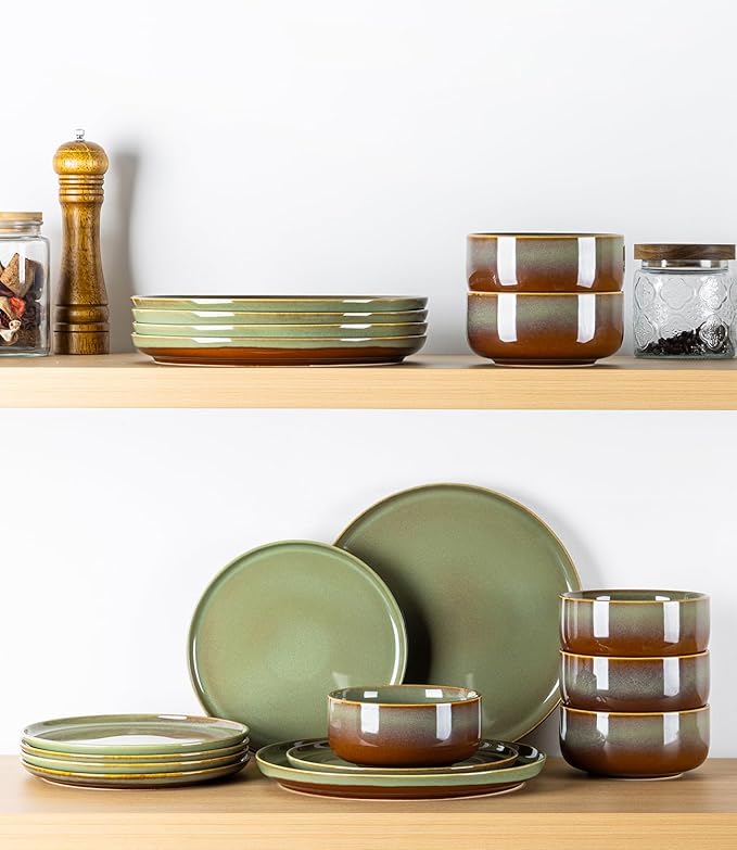 TheTerra Ceramic Dinnerware Sets for 6, 18 Pieces Handmade Reactive Glaze Plates and Bowls Set, Scratch Resistant Dish Set, Oven & Microwave & Dishwasher Safe, Service for 6, Sage Umber