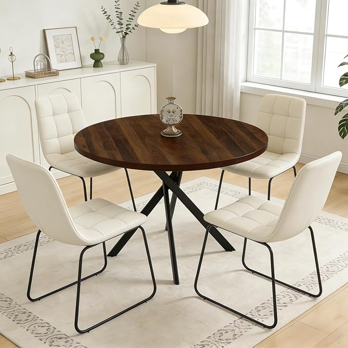 44" Round Dining Table with Cozy Chair Set for 4, Modern Mid-Century Dining Table Set of 4, Dinette Sets with Metal Leg for Kitchen Dining Room Apartment(Walnut Table + Beige Chairs)