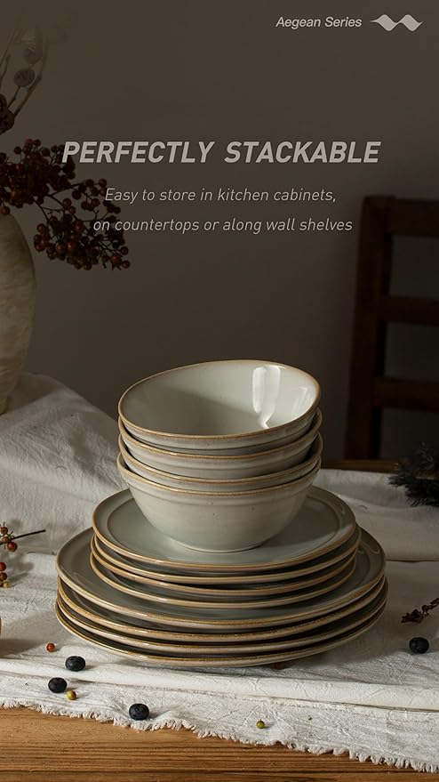 Famiware Aegean Stoneware Dinnerware Set for 4, Plates and Bowls Sets, 12-Piece Scratch-Resistant Dinner Plate Set, Handmade Irregular Round Dishes - Microwave and Dishwasher Safe, Cappuccino White
