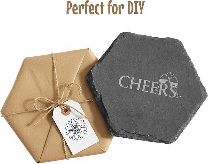 ZOOFOX 24 Pieces Slate Drink Coasters, Hexagon Black Slate Stone Coaster Bulk for Laser Engraving, Beverage Coasters with Non-Slip Bottom Mat for Home Decor, Bar, Housewarming Gifts