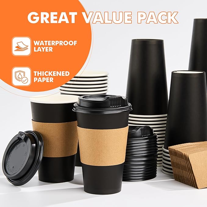 50 Pack 16 oz Disposable Coffee Cups with Lids and Sleeves, Sturdy Paper Cups for Hot/Cold Drinks, Leak-Proof To Go Coffee Cups with Lids for Home, Café, Events, Office, Black