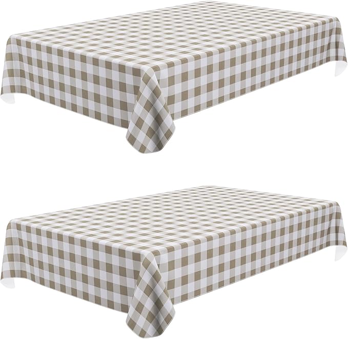 misaya 2 Pack Waterproof Vinyl Table Cloth, Buffalo Flannel Backed Tablecloth, Wipeable Plastic Table Cover for Dinner, Kitchen, Outdoor (60" x 84", Khaki and White)