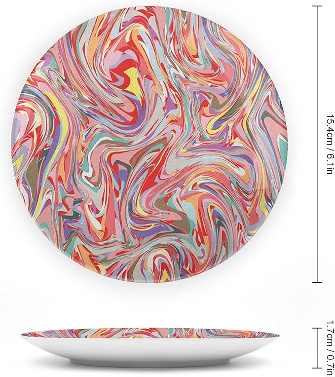 Decorative Plates, Abstract Print Ornament, Mix of Colors Messy Dirty Look Artistic, 7 Inch, 1 Plate with 1 Display Stand, Multicolor