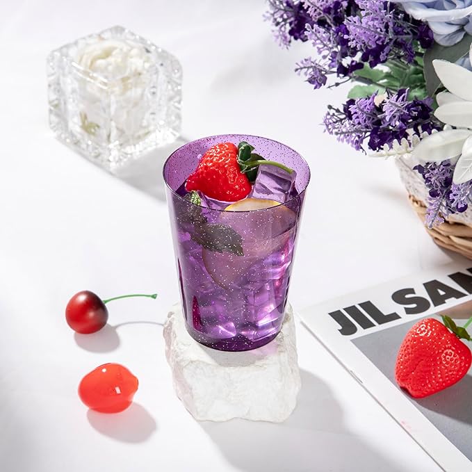 DaYammi 100 Pack 10 oz Purple Plastic Cups- Disposable Cups Tumblers, Elegant Purple Glitter Party Drinking Cup Perfect for Wedding Purple cups Perfect for Valentine's Day Party