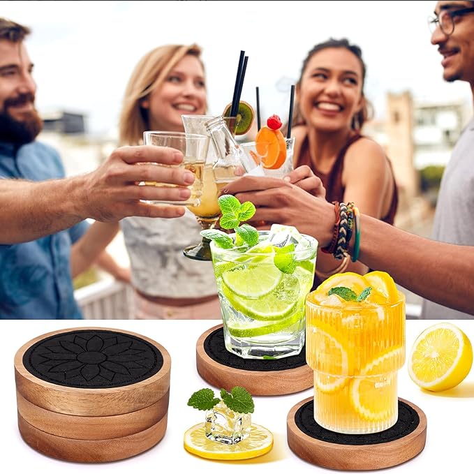 5 Pcs Best Wooden Coasters Non-Slip, Non-Stick, 4 Inches Black - Gtencemen Acacia Wood Coaster Set Absorbent Coasters for Drinks, Coffee Bar, Kinds of Cups, Rustic Farmhouse, Dining Room Table Decor