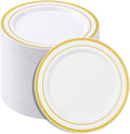 BESTSTAR 7 Inch White with Gold Rim Plastic Plates,100PCS Disposable Dessert/Appetizer/Small Cake Plates,Heavy Duty Plate Ideal for Christmas, Wedding and Birthday