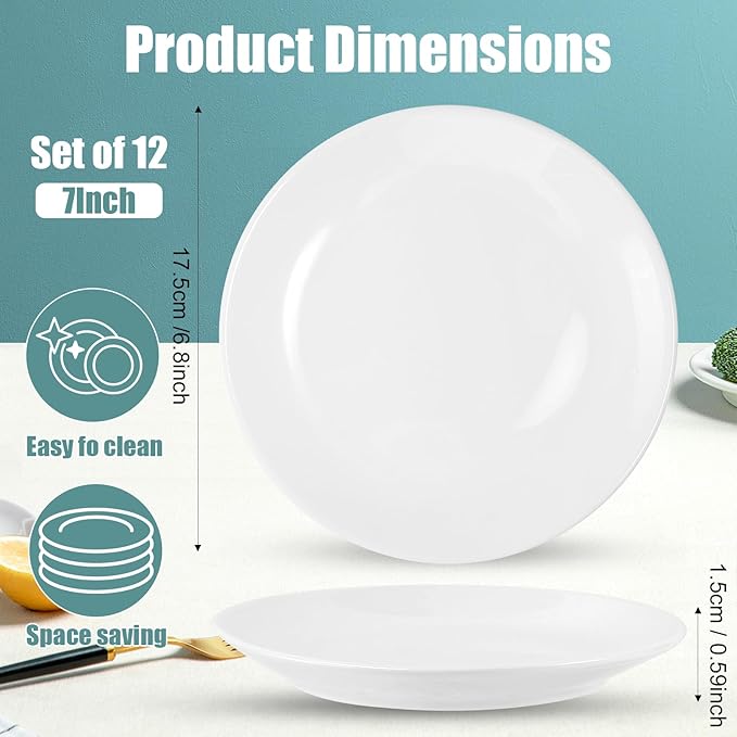 7 inch Appetizer Plates Set of 12, Small Dessert Plates, Mini Porcelain Serving Plate, Round Small Plate for Cake Snacks, Pasta, Portion Control, Microwave Dishwasher & Oven Safe(White)