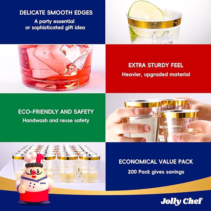 JOLLY CHEF 200 Pack 10 oz Gold Plastic Cups Elegant Gold Rimmed Disposable Cups Heavy-Duty Party Cups for Wedding, Thanksgiving, Christmas Parties