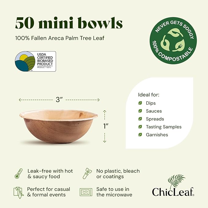 Chic Leaf Palm Leaf Bowls - Mini Disposable Bamboo Bowls for Parties, Event Appetizers - Biodegradable & Compostable Party Supplies (3'' Round - 50 Pack) - Bowl for Romantic Valentine's Table Idea