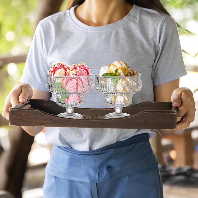 Set of 6 Glass Ice Cream Bowls, 10 Oz Vintage Heavy Base Footed Dessert Cup Set, Stripes Clear Embossed Glass Serving Bowls for Sundae, Ice Cream, Fruit, Parfait